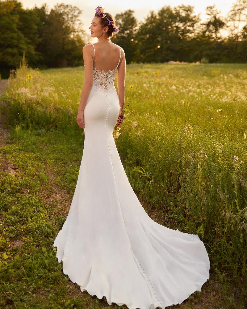 Lp2223 simple spaghetti strap wedding dress with lace and straight neckline2